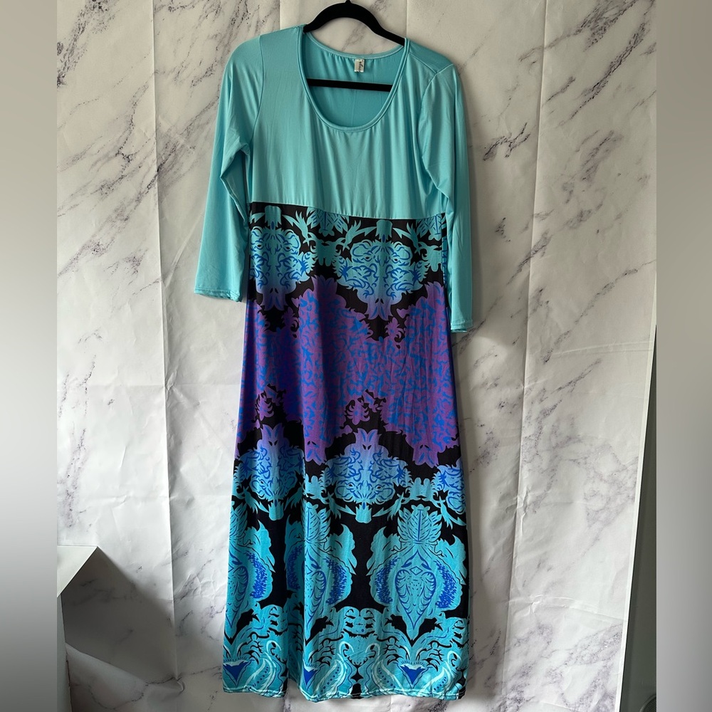 BLUE/BLACK DAMASK PRINT CASUAL MAXI DRESS WOMENS LARGE
